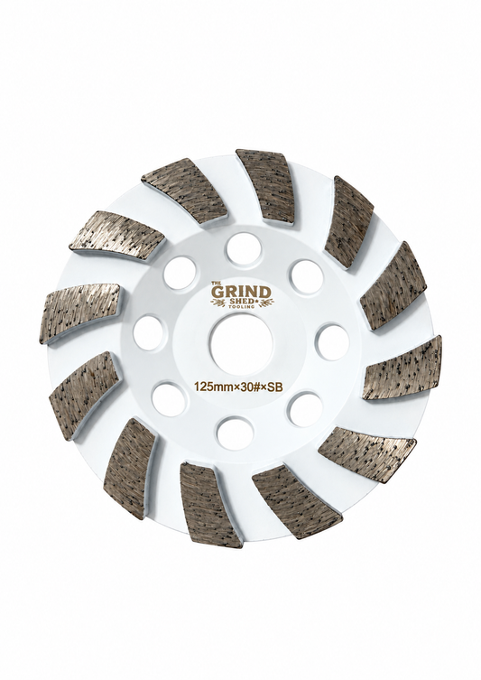 Designed for grinding extremely hard concrete and dense surfaces, The Grind Shed's Stealth 30 Grit Soft Bond Cup Wheel is Ideal for aggressive surface prep, coating removal and edge grinding applications.
