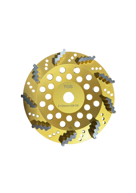 The Grind Shed's 7' Reaper Cup Wheel designed for hard concrete, to take off coatings fast, aggressive grinding on hard slabs and dense concrete.