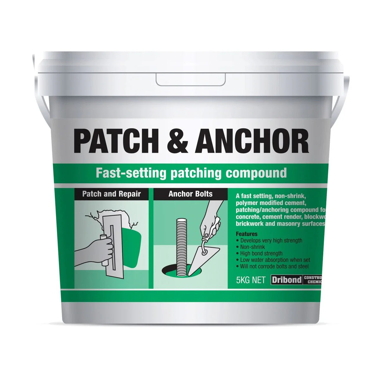 Patch And Anchor fast setting cement compound for concrete repair and anchoring.